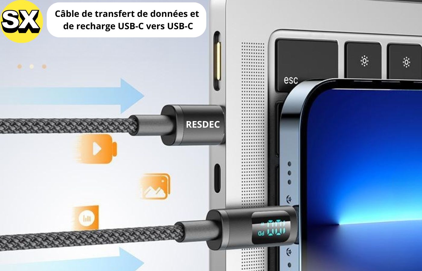 Câble USB-C vers USB-C RESDEC – pour Apple Iphone - 100 W Max, 1,2 mètre, ultra résistant 2